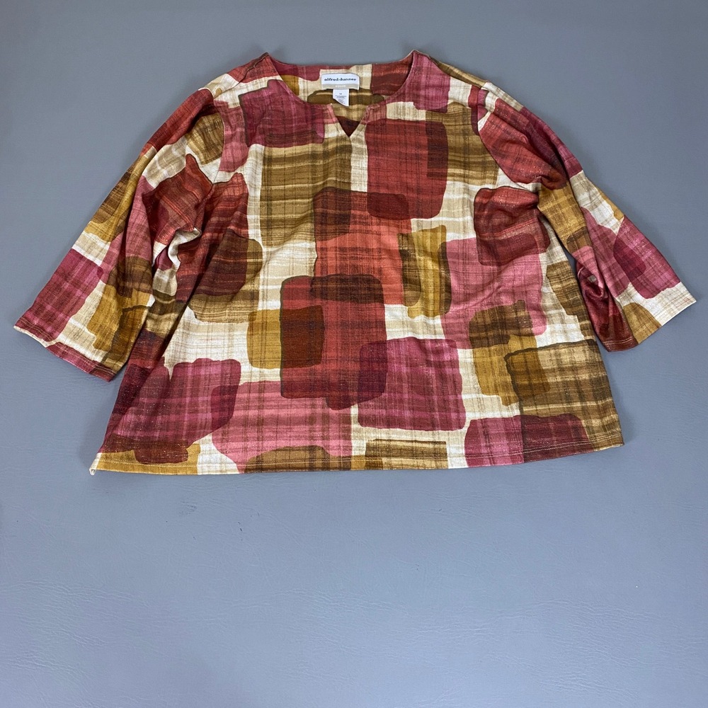 Alfred Dunner Blouse Top Women's Plus 1X Red Brown Abstract Metallic 3/4 Sleeve